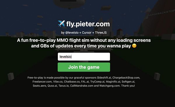 The image displays the start screen of the MMO flight simulation game 'fly.pieter.com'.