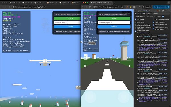 The image displays a multiplayer flight simulation interface with two planes in a virtual environment.