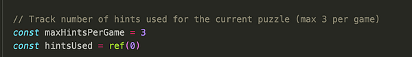 The image displays a code snippet related to tracking hint usage in a game.