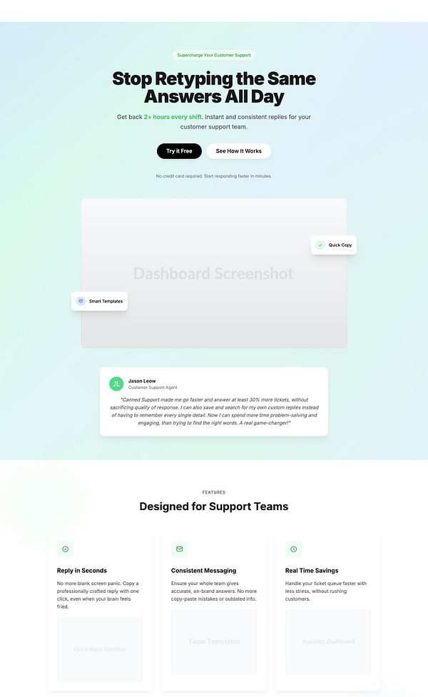 The image displays a modern SaaS dashboard for the Canned Support tool, showcasing its features and user testimonials.