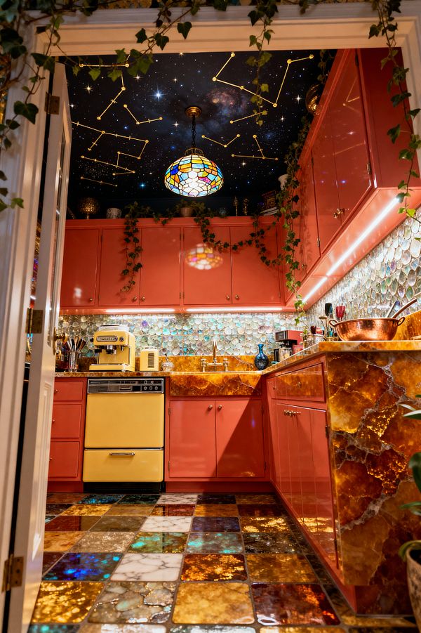 A compact laundry room is viewed through an open doorway, featuring glossy coral lacquer cabinets, an iridescent capiz-shell tile backsplash, and amber onyx counters around a brass sink. A buttery yellow retro appliance, a stained-glass globe pendant beneath a starry galaxy ceiling with gold constellations, warm under-cabinet lighting, jewel-toned glossy floor tiles, and trailing ivy create a richly layered, dramatic space.