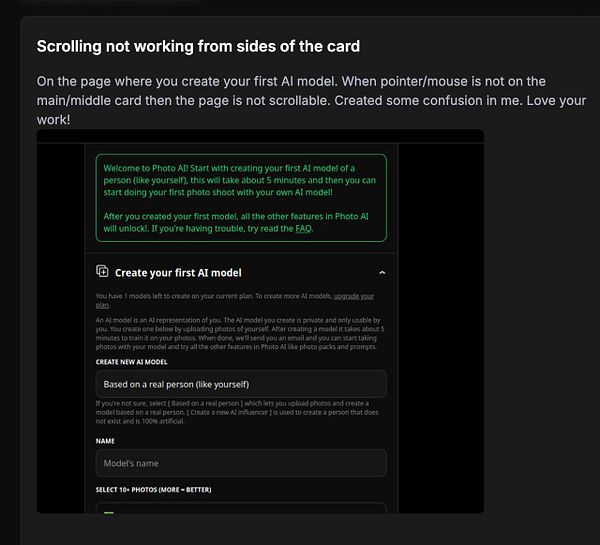 The image displays a user interface for creating an AI model on a platform called Photo AI.