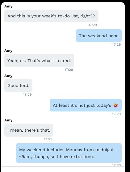 A chat conversation discussing a week's to-do list and weekend plans.