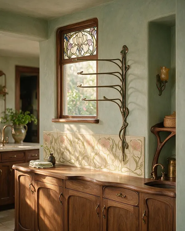 A warm laundry room with curved walnut cabinetry, a decorative tiled backsplash, and a stained-glass window featuring floral motifs. An ornate metal drying rack and brass fixtures reinforce the Art Nouveau style, while soft sage walls and natural light create a calm atmosphere.