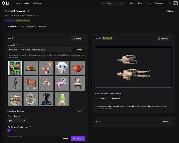 The image displays a user interface for an AI tool that generates 3D models from images, showcasing various input options and a completed output.