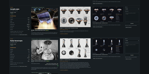 Detailed reference catalogue showing technical data, photographs, and 3D model interpretations of Aerospike and Nuclear Thermal engines for 3D modeling improvement.