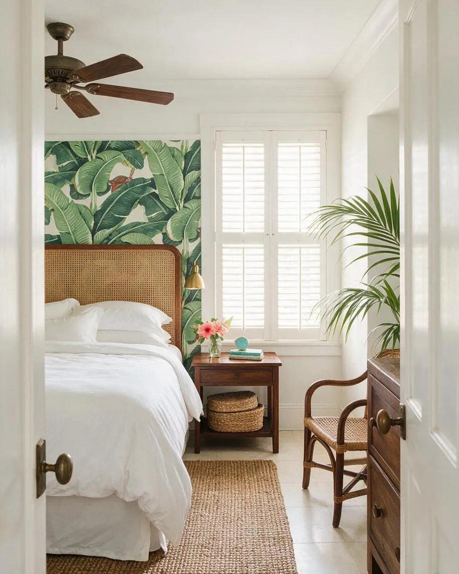 A bright tropical-style master bedroom with white walls, a woven cane headboard, and a bold green banana leaf wallpaper accent wall. The room includes a wooden nightstand, jute rug, rattan chair, potted palm, and shuttered window for soft natural light.