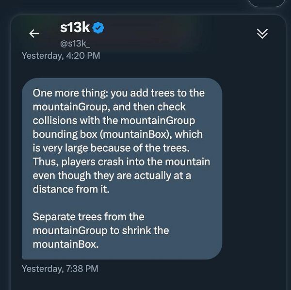 A Twitter conversation discussing collision issues in a game development context.