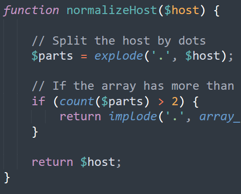 A code snippet of a PHP function designed to normalize a host string.