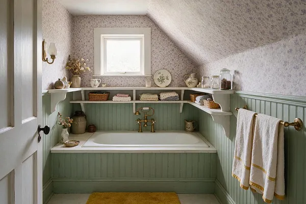 A cozy cottagecore bathroom with a built-in bathtub framed by sage green beadboard paneling and open shelves. The space has floral wallpaper, a small centered window, brass fixtures, wicker baskets, glass jars, folded towels, and ceramic accents for a warm vintage feel.