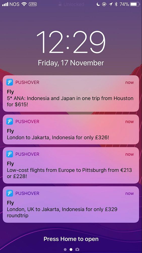 The image shows a smartphone lock screen with multiple travel deal notifications from the Pushover app.