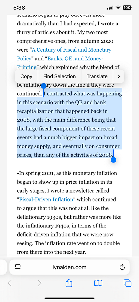 The image displays a blog post discussing the impact of fiscal and monetary policy on dollar devaluation.