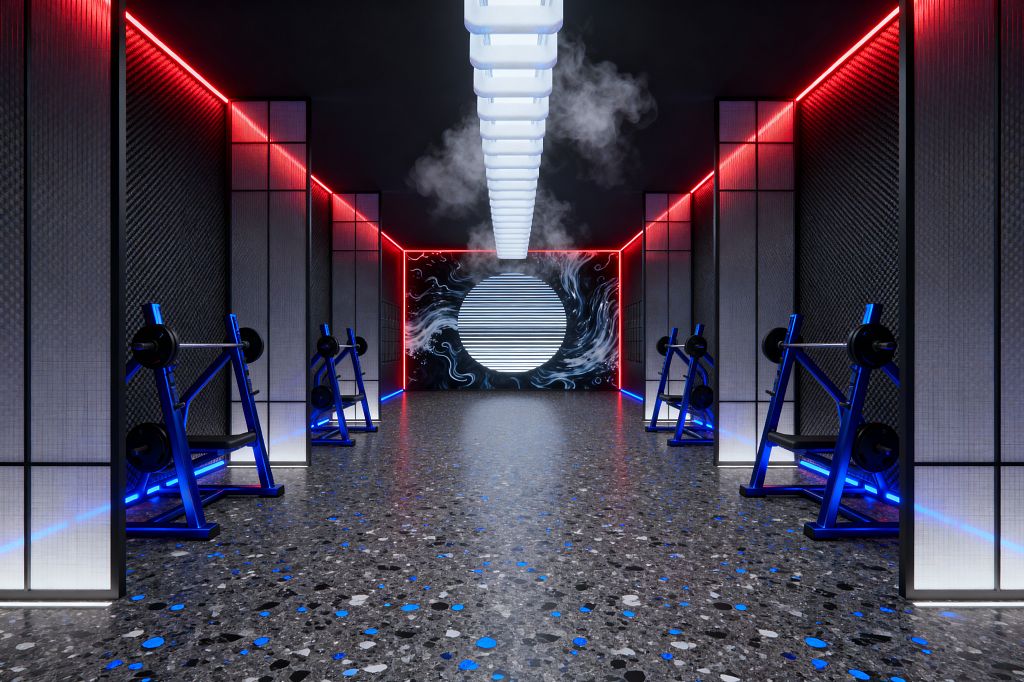 A long, symmetrical home gym features six blue bench press stations along dark perforated metal walls, each underlit with blue LEDs. Red neon traces the room’s edges, a cool white linear light runs down the ceiling with slight haze, and a mural at the far wall centers on a glowing striped circle. The floor is gray terrazzo with blue flecks, and frosted framed panels accent the sides, creating a moody, futuristic atmosphere.
