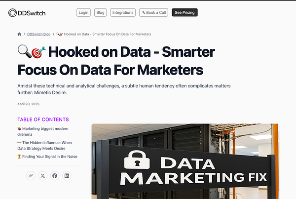 The image displays a blog post titled 'Hooked on Data - Smarter Focus On Data For Marketers' on the DDSwitch website.