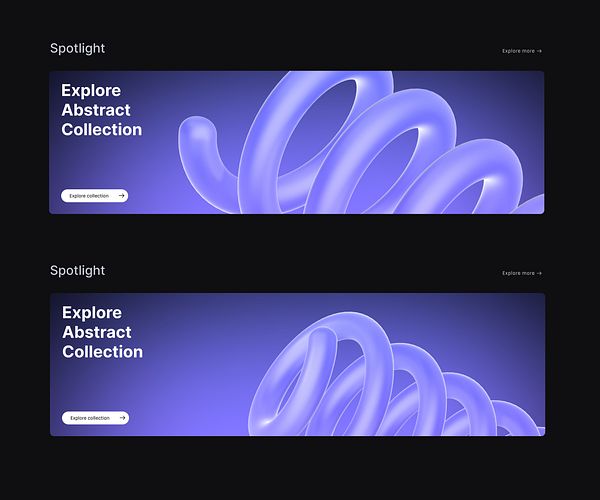 The image features two banner designs showcasing abstract 3D models with a dark background.