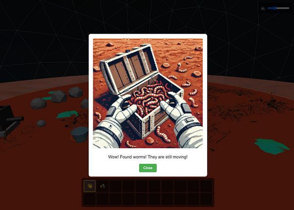 A retro-style game interface displaying a treasure chest filled with worms on a Martian landscape.