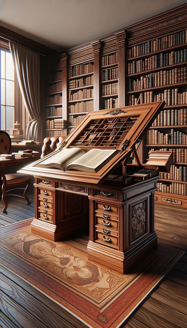 An elegant wooden drop lid desk with a hinged writing surface partly opened to reveal its internal compartments and drawers, set in a cozy study room filled with books.