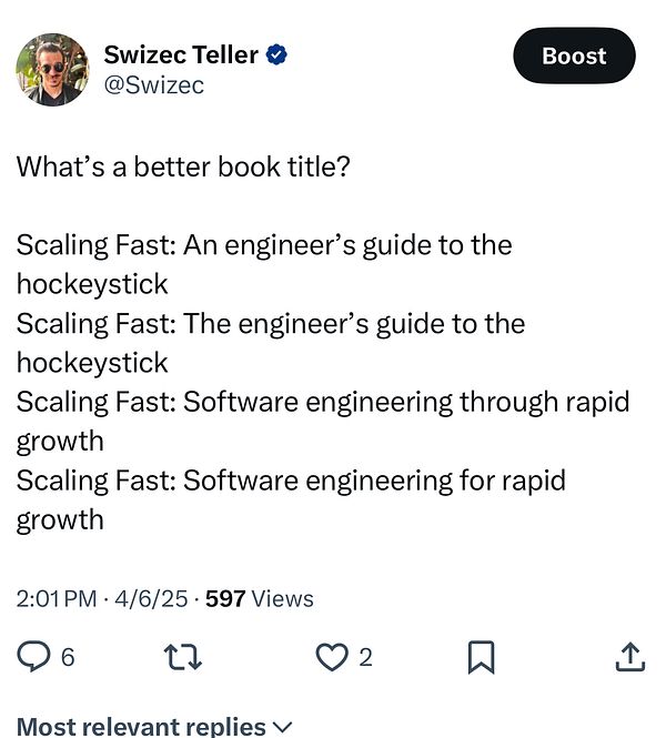 A Twitter post by Swizec Teller asking for feedback on potential book titles.