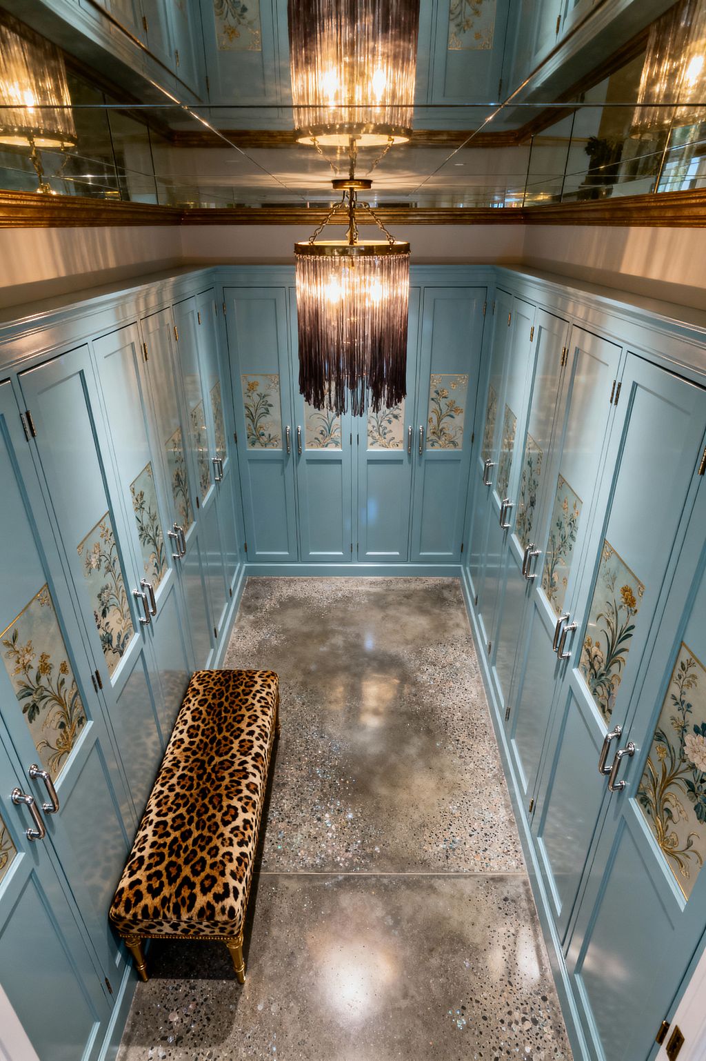 A narrow mudroom lined with powder-blue built-in cabinets features inset floral panels edged in gold and fitted with silver-tone pulls. A tiered brass chandelier with dark fringe hangs beneath mirrored ceiling panels, reflecting warm light onto a polished concrete floor speckled with aggregate. A leopard-print upholstered bench with gold legs sits along one wall, adding bold pattern to the refined cabinetry and glossy finishes.