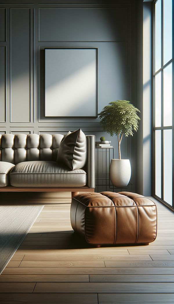 A modern living room with a leather-upholstered hassock positioned in front of a stylish sofa, showcasing its function as a comfortable footrest.