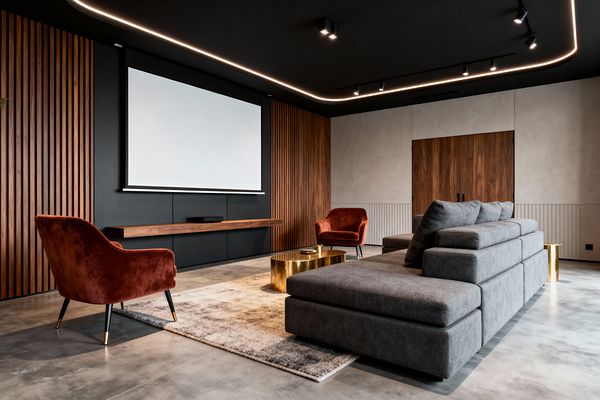 Contemporary media room with a large projector screen on a matte black wall and a floating walnut console framed by vertical walnut slats. Seating includes a deep gray modular sofa and two rust velvet armchairs arranged around a round brass coffee table on a beige rug. A charcoal ceiling with perimeter LED lighting and track spots illuminates polished concrete floors. Light gray walls and flush walnut double doors finish the minimal, cinematic space.