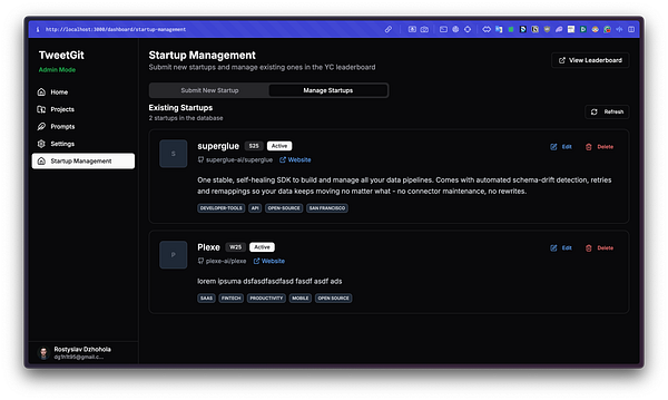 The image displays a dashboard interface for managing startups within the TweetGit application.