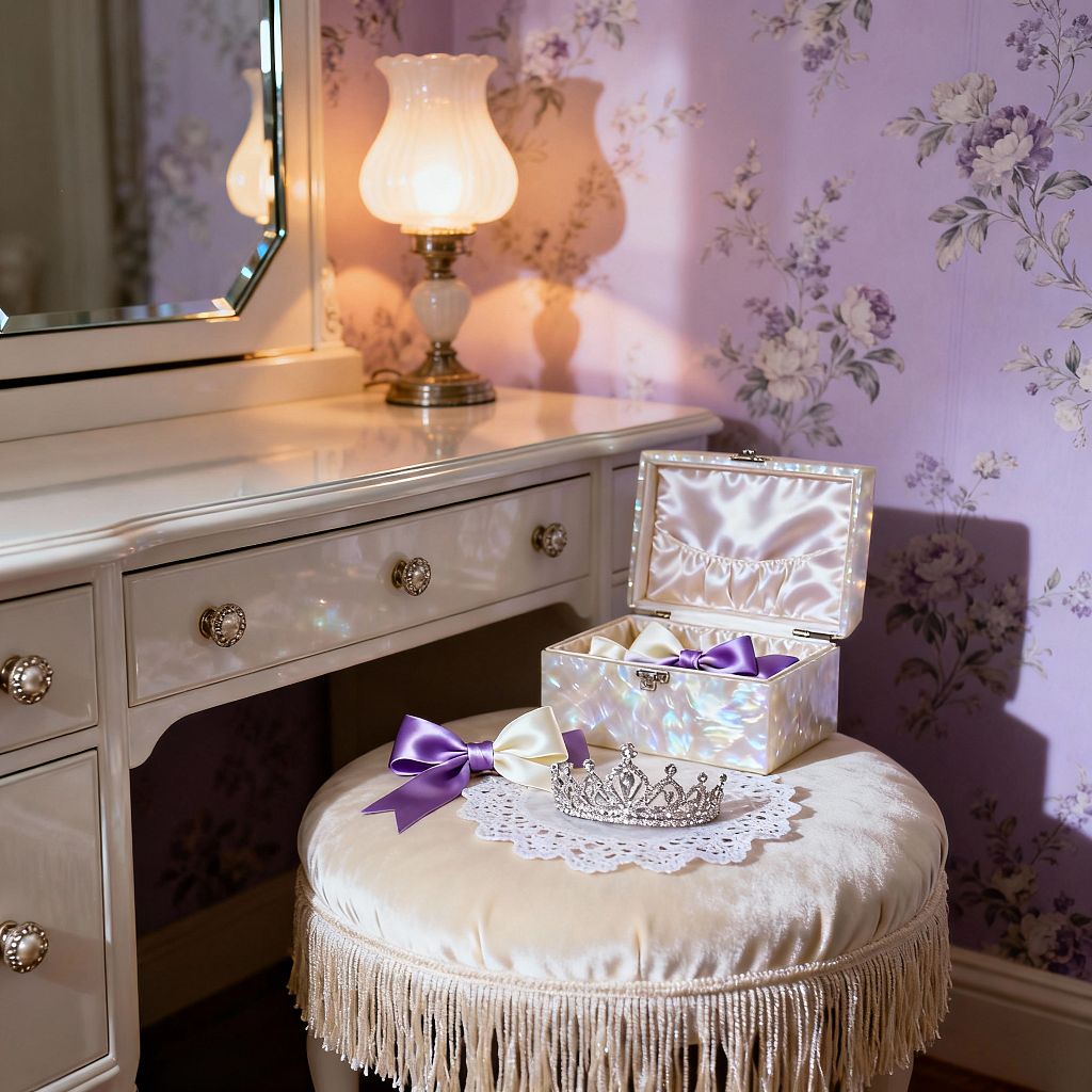 A child’s vanity corner shows a cream lacquer dressing table with beveled mirror set against lavender floral wallpaper. A vintage lamp with a frosted glass shade casts warm light over a pearlescent, satin-lined jewelry box. A round velvet stool with fringe holds a lace doily, purple and ivory satin bows, and a silver tiara. Glass drawer knobs and reflective finishes add sparkle, creating a refined, whimsical vintage glam mood.