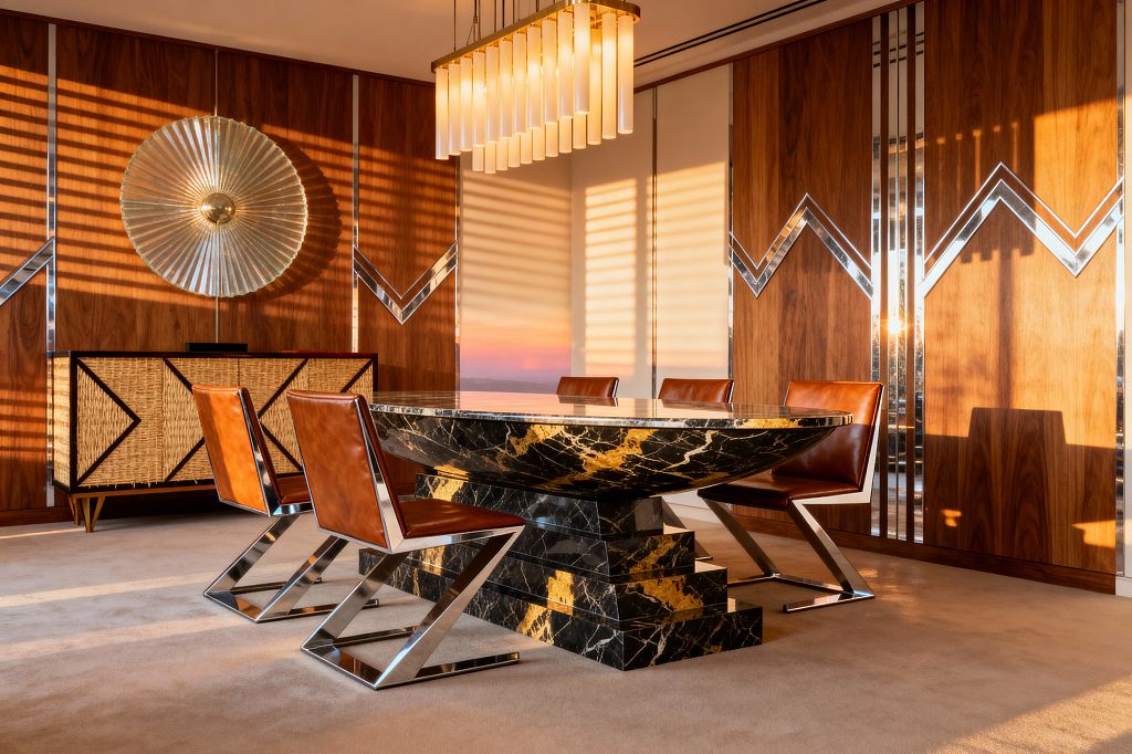 A glamorous Art Deco dining room features a sculptural black marble table veined with gold on a stepped pedestal, surrounded by four Z-shaped chrome chairs upholstered in cognac leather. Walnut wall panels with chrome chevron inlays frame a woven-front sideboard and a sunburst disc sculpture, while a brass chandelier with frosted glass tubes casts warm sunset shadows across a soft beige carpet.