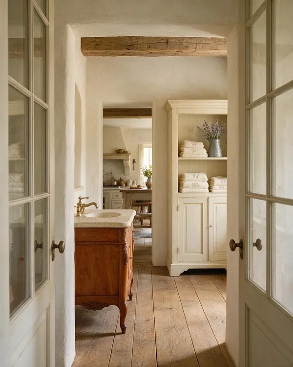A French Country powder room with a carved wooden vanity topped by a pale stone sink, plaster walls, wide plank wood floors, and exposed ceiling beams. Open French doors frame a cream storage cabinet with folded towels and a vase of lavender, creating a warm rustic feel.