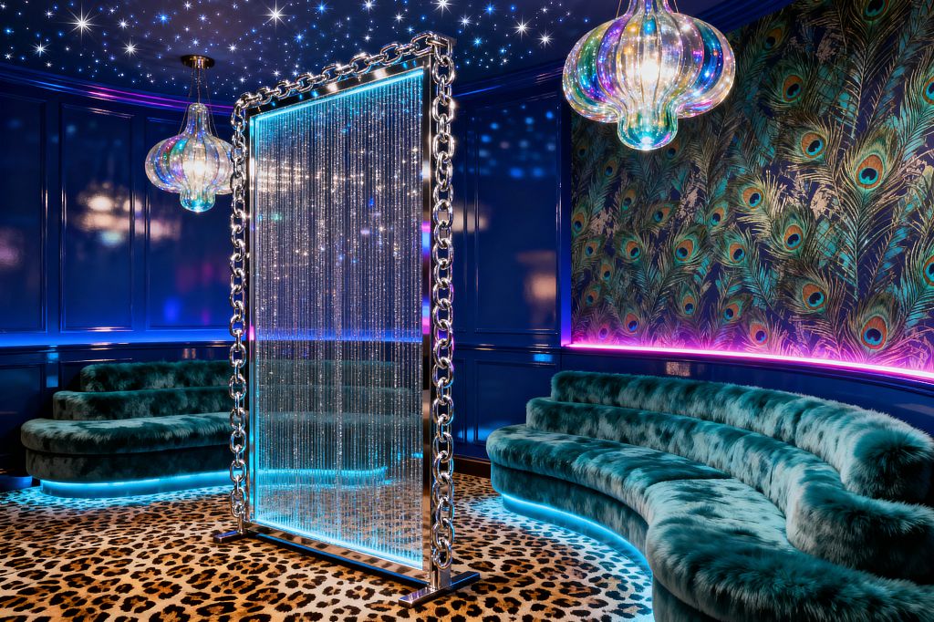 A maximalist media room features tiered, curved banquettes upholstered in teal faux fur with cyan underlighting against glossy cobalt blue paneled walls and a peacock-feather accent wall bathed in magenta LEDs. A chrome chain–framed beaded screen divides the space beneath a starry ceiling of pin lights, while two iridescent glass pendants hang overhead and a leopard-print carpet covers the floor.