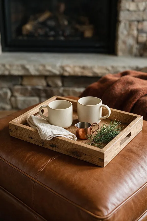 A rustic living room vignette shows a wooden serving tray resting on a caramel leather ottoman. The tray holds two cream ceramic mugs, a small copper cup, a folded natural linen napkin, and a sprig of evergreen, with a stone fireplace softly blurred in the background.