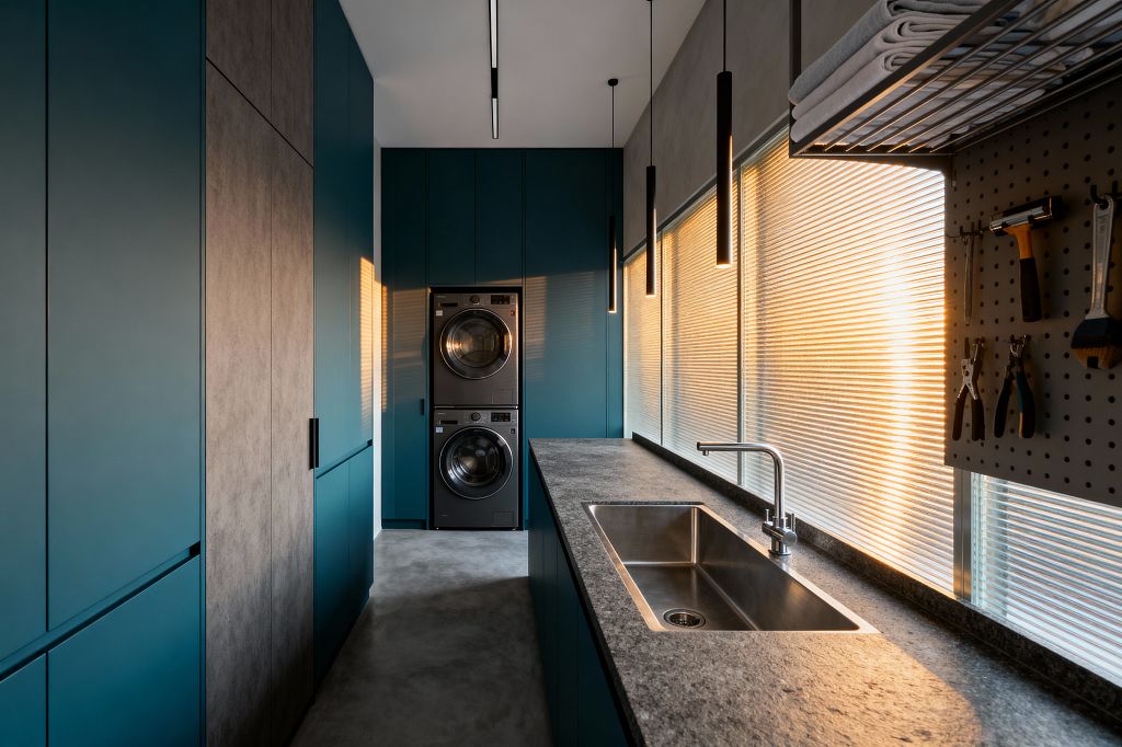 A narrow modern laundry room features deep teal, flat-front cabinets on the left and at the far wall surrounding a stacked stainless washer and dryer. On the right, ribbed translucent glass windows cast warm light across a long dark stone countertop with an undermount stainless sink, black cylinder pendants, a metal pegboard with tools, a wire towel shelf, and polished concrete flooring.