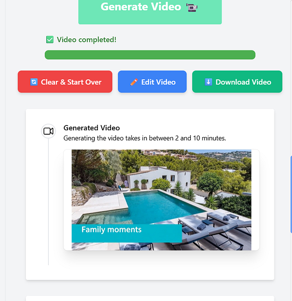 The interface displays a completed video generation task with a preview of the video content.