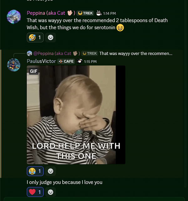 A humorous exchange between friends during a coworking session, featuring a GIF of a child expressing exasperation.