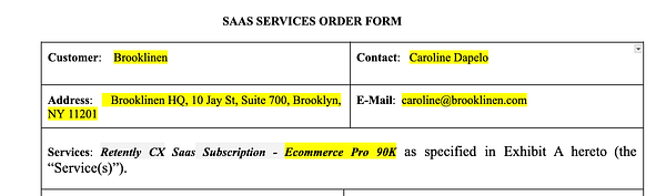 The image displays a SaaS services order form for a customer named Brooklinen.