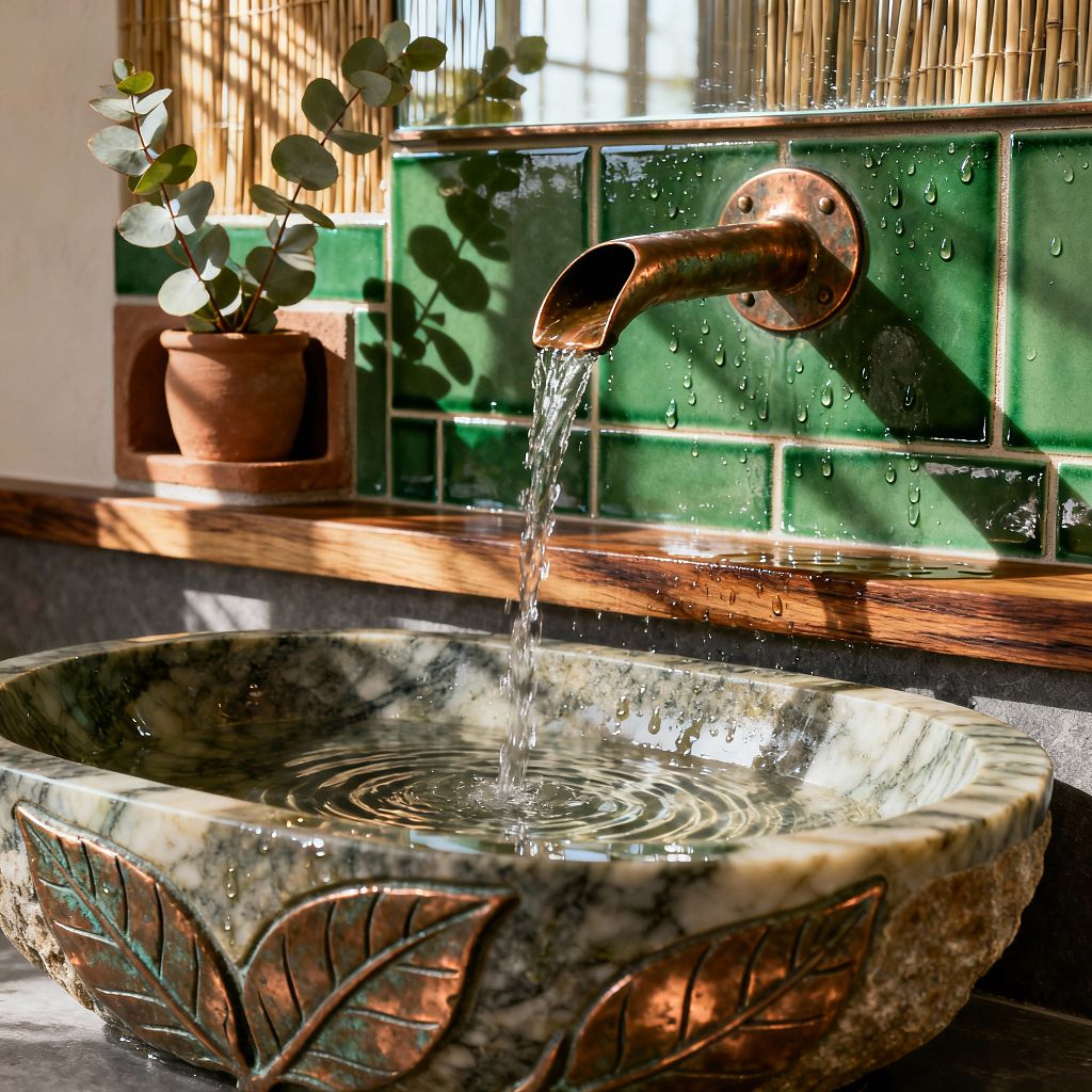 Close-up of a bathroom sink with a wall-mounted copper spout pouring water into a round marble vessel basin carved with leaf details. Behind it, glossy emerald green ceramic tiles form the backsplash, a wood ledge supports a small terracotta pot with eucalyptus, and a bamboo reed screen filters bright sunlight, casting shadows across the stone and water, highlighting droplets on the tile and the gray countertop below.