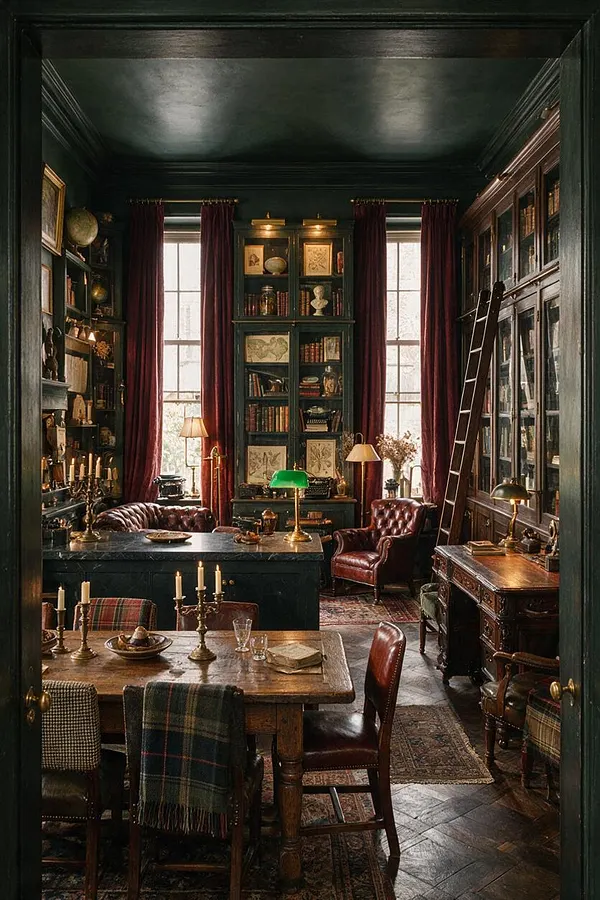 A dark, scholarly kitchen with deep green walls and ceiling, tall windows framed by burgundy velvet curtains, and built-in bookshelves filled with books, maps, and curiosities. A rustic wooden dining table, leather chairs, brass lamps, candles, and a roll-top desk create a warm, layered, vintage atmosphere.