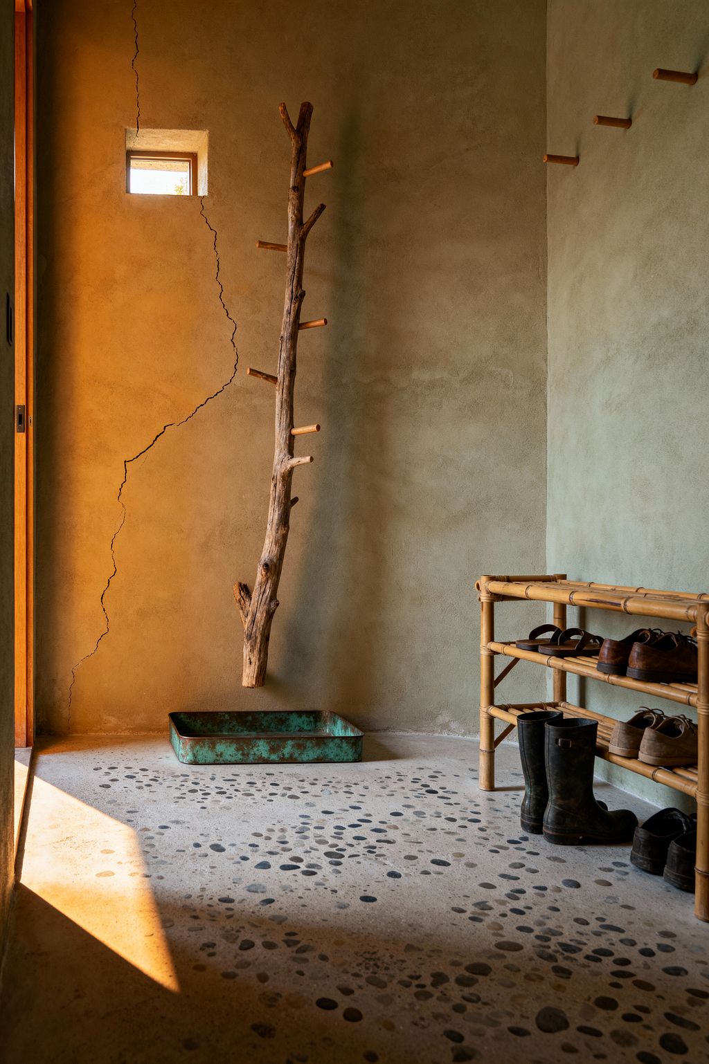 A compact mudroom with sage-green plaster walls shows a visible crack near a small square window that admits warm light. A suspended driftwood trunk fitted with wooden pegs hangs above a shallow green-patinated metal tray, a honey-toned bamboo shoe rack holds boots and shoes on the right, and the floor is poured concrete inlaid with scattered dark pebbles, creating an earthy, textural space that embraces natural imperfection.