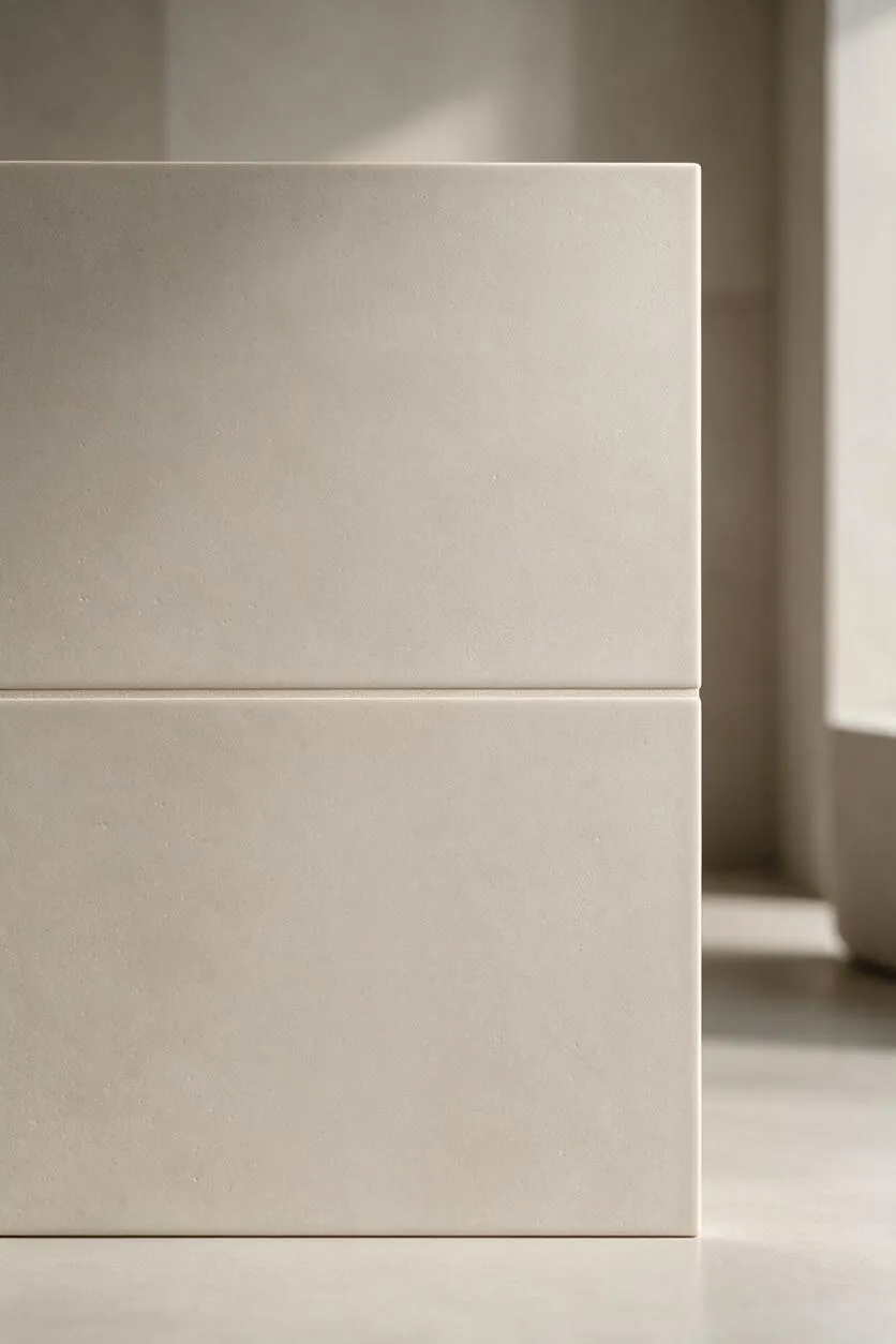 A close-up of a minimalist interior surface made of large matte beige tiles with a subtle textured finish and thin horizontal grout lines. Soft natural light washes across the neutral surface, creating a calm, understated atmosphere.