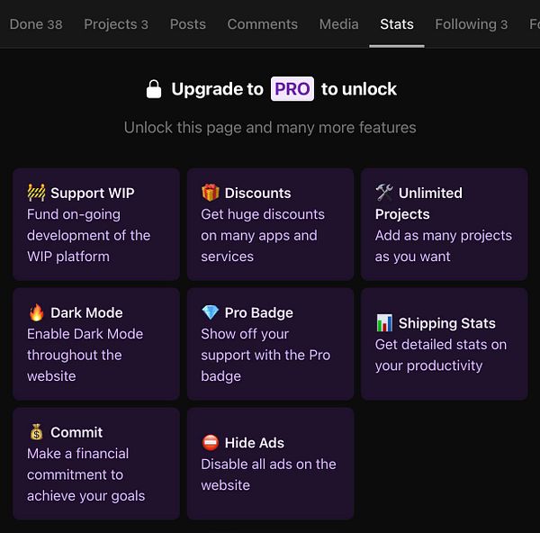 The image displays a stats page with various features available for PRO members on a platform.