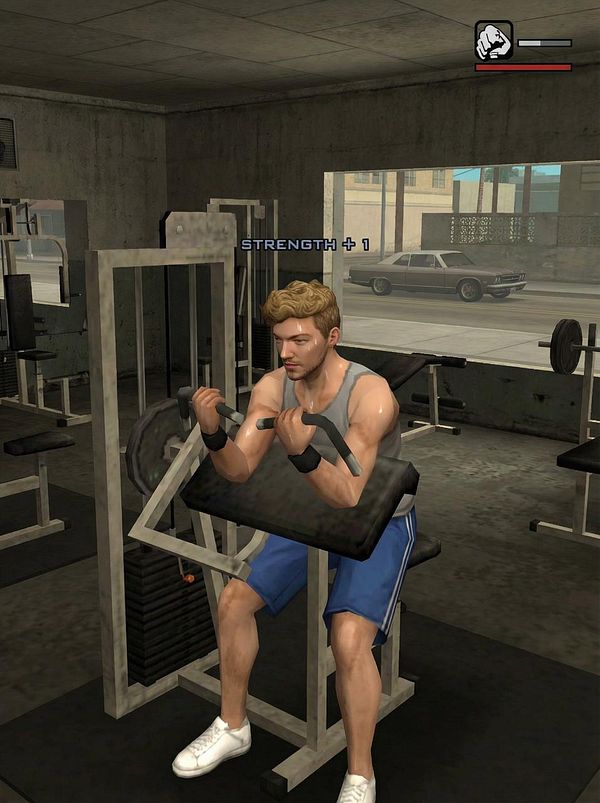 A character is exercising in a gym setting, focusing on strength training.