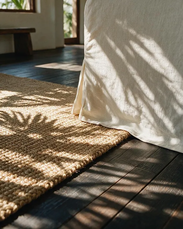 A close-up of a natural woven jute rug beside a white linen drape on dark wooden flooring. Sunlight filtered through tropical foliage casts leaf-shaped shadows across the textures, creating a warm, relaxed atmosphere.