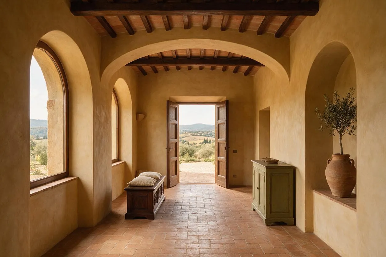 A warm Mediterranean entryway with plaster walls, arched openings, exposed dark wood ceiling beams, and terracotta floor tiles. The space includes a wooden bench with cushions, a small painted cabinet, and a clay vase with greenery beside an open doorway framing a scenic landscape.
