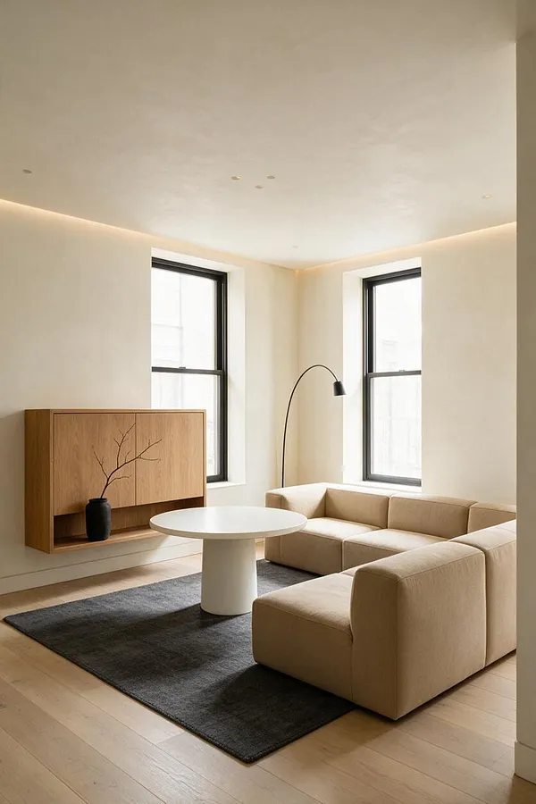 A minimalist game room with beige sectional seating arranged around a round white pedestal table on a dark gray rug. The room features light wood floors, a floating oak cabinet with a black vase and bare branches, tall black-framed windows, and a slim arched floor lamp near the corner.