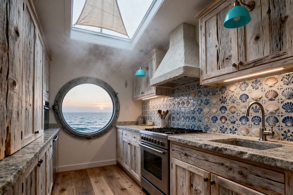 Compact coastal kitchen with weathered wood cabinets, speckled granite counters, and a blue-and-cream ceramic tile backsplash patterned with shells and florals. A round porthole window frames the ocean at sunset, while a sail-like skylight and under-cabinet lighting brighten the galley layout. A plaster range hood tops a stainless oven, teal enamel sconces add color, wide-plank flooring warms the room, and a brushed-metal faucet serves an undermount stone sink.