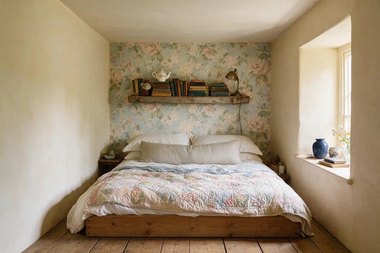 A narrow guest bedroom with a low wooden bed centered against a floral wallpaper accent wall. The bed is dressed in soft white bedding and a pastel patchwork quilt, with a rustic shelf above holding books and a teapot, and a small window nook on the right with decor on the sill.