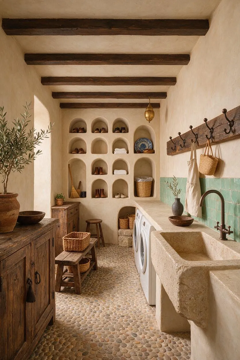 A narrow basement laundry room styled in Mediterranean design, featuring exposed dark wood ceiling beams, creamy plaster walls, pebble stone flooring, built-in arched niches, a stone sink, mint green tile backsplash, and rustic wood storage. Woven baskets, pottery, and hooks add a warm handcrafted feel.