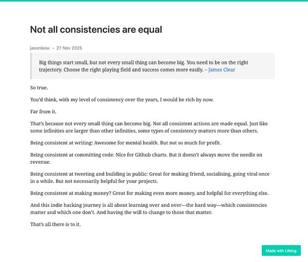 The image displays a blog post titled 'Not all consistencies are equal' discussing the varying impacts of consistency in different areas of life.