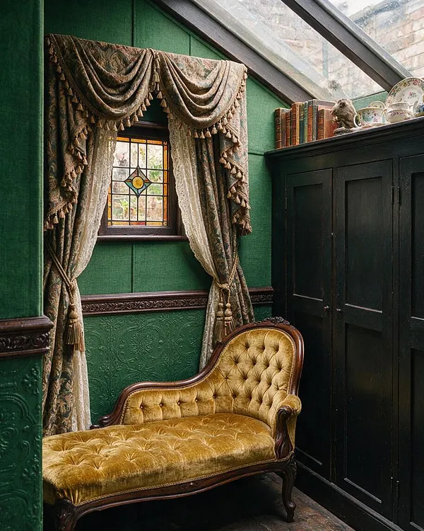 A richly decorated Victorian-style backyard sitting nook with deep green walls, a small stained-glass window, and elaborate patterned drapes. A tufted gold velvet chaise lounge sits beside a tall black cabinet, with books and decorative china displayed above it under a slanted glass roof.