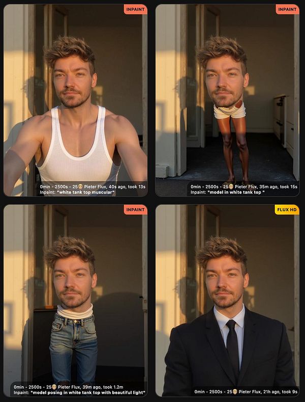 The image features a series of four panels showcasing different inpainting results involving a model.